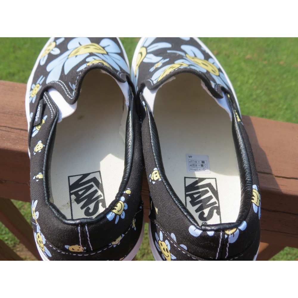 Vans Slip-On Shoes Womens 10 Black Blue Daisy Smiley Face Classic Canvas - Picture 5 of 7